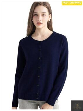 100% Pure Cashmere Cardigan Crew Neck Long Sleeve Warm Knit Sweater